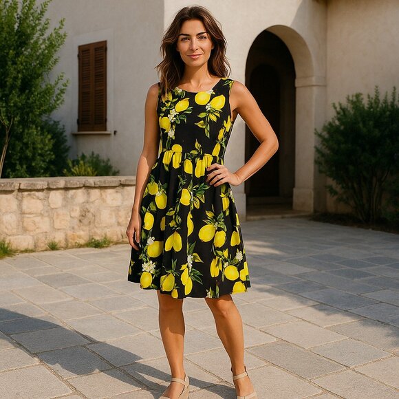 Tropical A Line Dress Women's M Sleeveless Summer Lemon Back Zip Knee Length - Picture 1 of 15